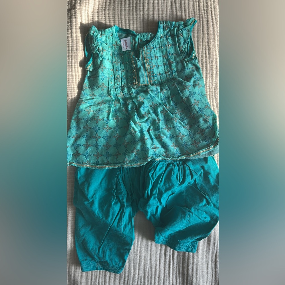 Fabindia Turquoise Embroidered Top and Pants Festive Indian Set Baby 3-6M